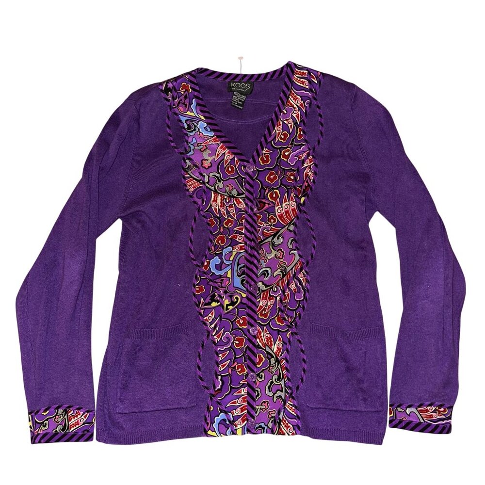 Koos Of Course VTG Cardigan Graphic Purple Sweater Long Sleeve Button 80s 90s M
